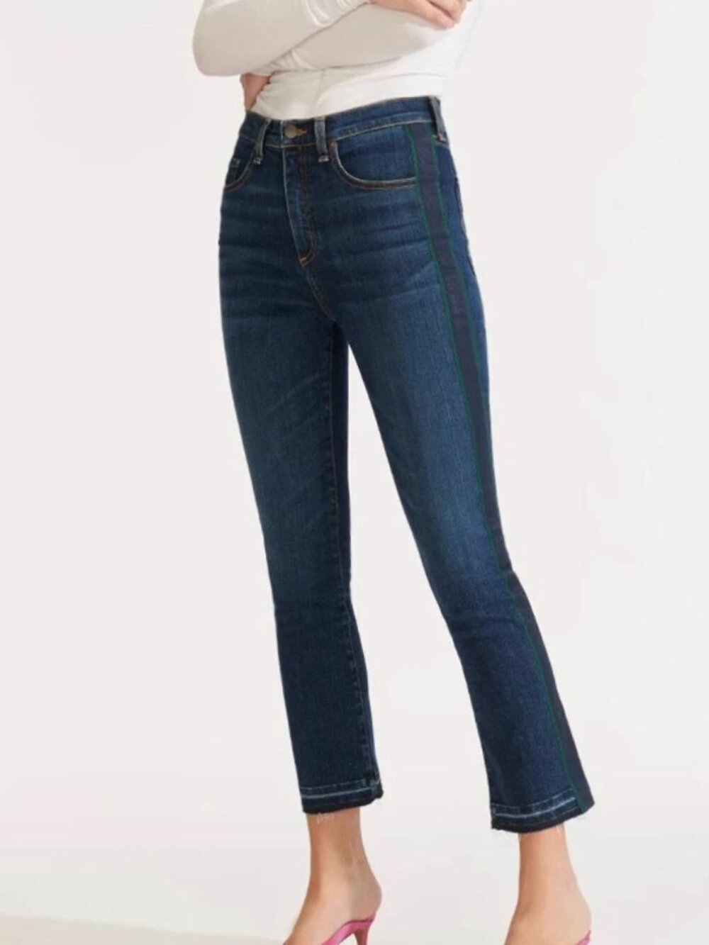NWT Veronica Beard Navy Slim Straight Jeans with Green Side Stripe, US 28